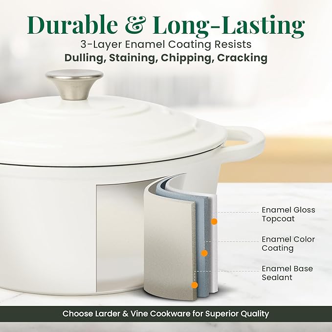 Larder & Vine Enameled Cast Iron 5.7qt Dutch Oven Pot with Lid | Bread Baking | Compatible on All Cooktops & Oven Safe to 500째 F | Great for Sourdough Bread | White