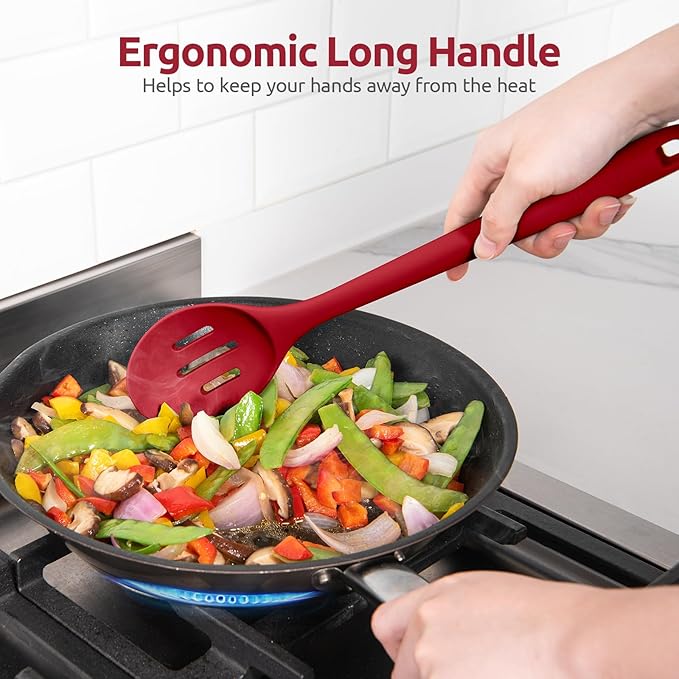 600쨘F Heat Resistant Slotted Spoon: U-Taste 13.3in Solid Kitchen Cooking Spoon, Nonstick Food Grade Large & Long Rubber Utensil for Mixing, Serving, Stirring, Basting, Frying, Draining (Red)