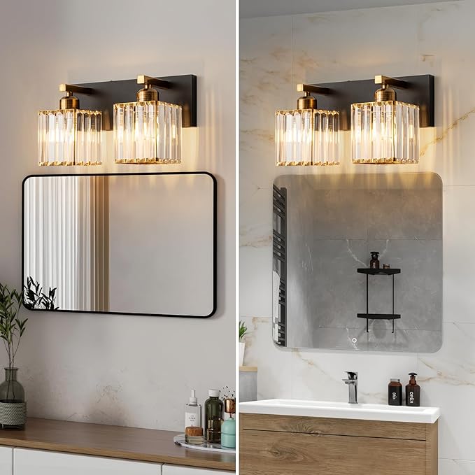 Modern Bathroom Vanity Light 2-Lights Black Gold Crystal Bathroom Wall Light Vanity Light Fixturesï¼?2.59-inch Modern Minimalist Design