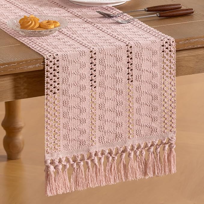 Socomi Boho Table Runner Valentine's Day Farmhouse Rustic Dining Kitchen Centerpiece Decor Small Macrame Woven Cotton Linen Coffee Table Runner for Dresser Scarf Home Decor 12x72 in Pink
