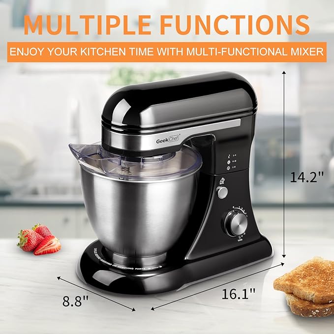 Geek Chef Electric Stand Mixer, 4.8QT 12 Speeds Tilt-head Food Mixer with Dough Hook, Whisk, Beater, Bowl, Rotary Knob for Home Kitchen Use, Black