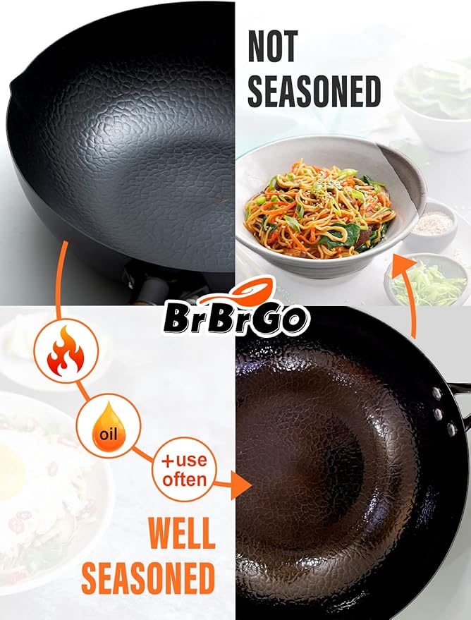 Carbon Steel Wok Pan, 5 Piece Authentic Chinese Wok & Stir-Fry Pans Set with Wooden Lid, No Chemical Coated Flat Bottom Chinese Woks Pan for All Stoves-13“