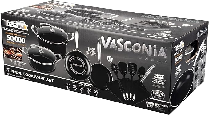 Vasconia 11-Piece Aluminum Cookware Set - Nonstick Pots and Pans with Lids - Dishwasher, Oven Safe up to 475째F - Skillets, Griddle, Casserole, Dutch Oven - Black