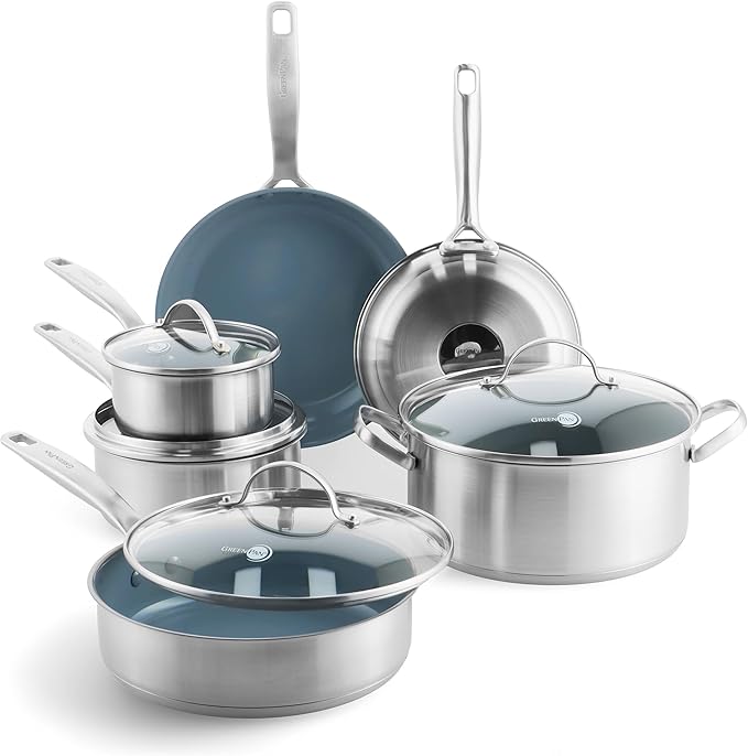 GreenPan Treviso 10 Piece Cookware Set, Non-Toxic PFAS-Free Stainless Steel Ceramic Nonstick Coating, Induction Suitable, Pots, Pans Lids, Saut챕 & Saucepans, Multi Clad, Dishwasher & Oven Safe