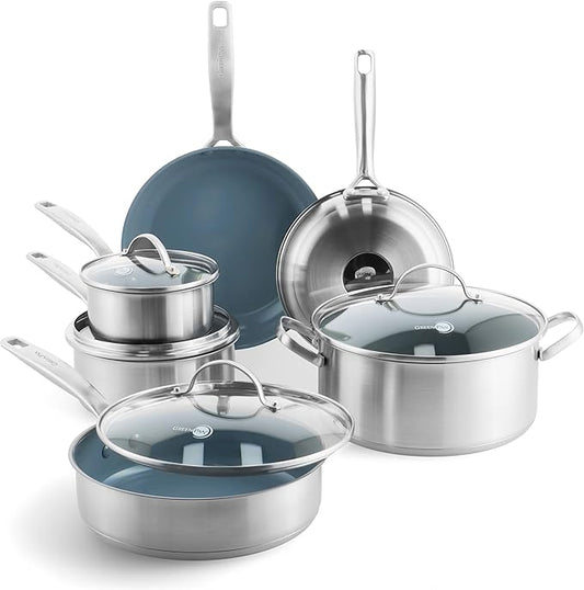 GreenPan Treviso 10 Piece Cookware Set, Non-Toxic PFAS-Free Stainless Steel Ceramic Nonstick Coating, Induction Suitable, Pots, Pans Lids, Saut챕 & Saucepans, Multi Clad, Dishwasher & Oven Safe