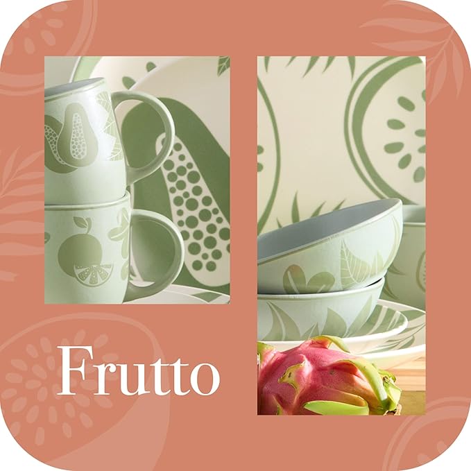 Corona 16?뱎iece Green Tropical Fruit Design Ceramic Dinnerware Sets | Plates, Bowls and Mugs | Service For 4 | Frutto