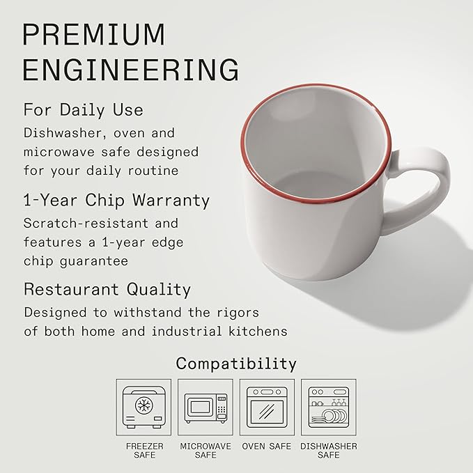 Made In Cookware - Set of 4 - Coffee Mug Set - 12 oz - White With Red Rim - Porcelain England - Dishwasher and Microwave Safe