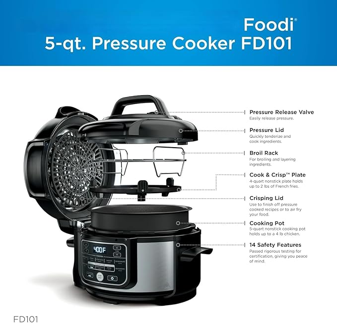 Niin-ja Foodi 10-in-1 Pressure Cooker & Air Fryer, 5 Quart - Stainless Steel Multi-Cooker with Precise Heating - Perfect Holiday Gift & Healthy Fast Cooking (FD 101)