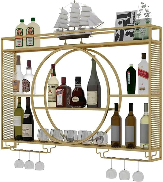 39 Inch Wall Mounted Wine Rack, 3-Tier Wall Bar Shelves for Liquor Bottles, Large Capacity Bar Shelves Wall Mounted with Glass Holder for Home Bar, Kitchen & Dining Room, Gold