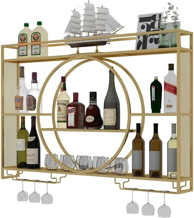 47 Inch Wall Mounted Wine Rack, 3-Tier Wall Bar Shelves for Liquor Bottles, Large Capacity Bar Shelves Wall Mounted with Glass Holder for Home Bar, Kitchen & Dining Room, Gold