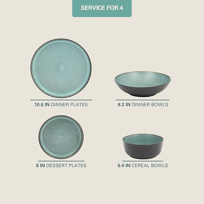 Gibson Elite Tribeca Loft 16-Piece Dinnerware Set ??Matte Black and Green Reactive Glaze Stoneware, Double Bowl Round Plates and Bowls ??Modern Rustic Tableware for 4, Dishwasher & Microwave Safe