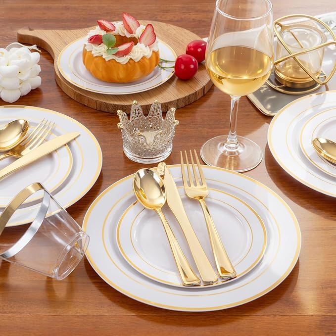 350Piece Gold Dinnerware Set for 50 Guests - Gold Plastic Plates with Disposable Cutlery Include:50Dinner Plates-50Dessert Plates-50Pre Rolled Napkins with Silverware for Valentine?셲 Day