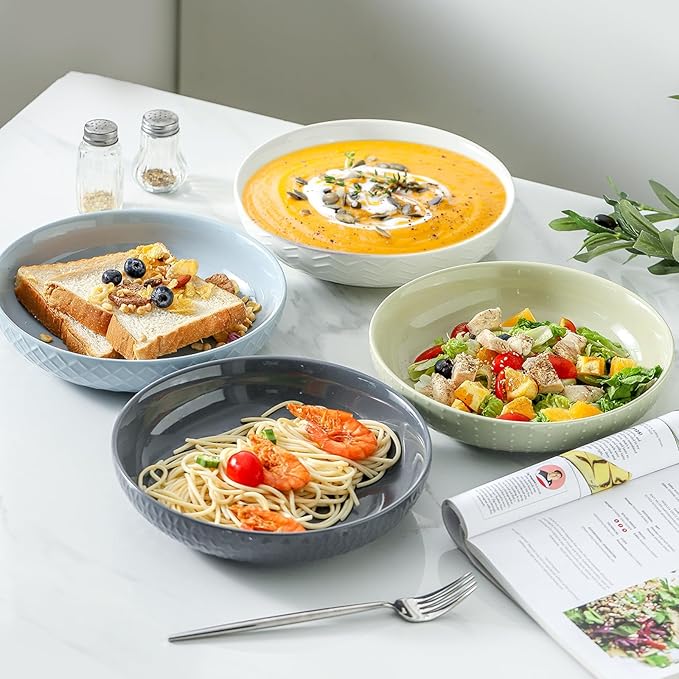 HASENSE 9" Large Pasta Bowls, 42 OZ Ceramic Salad Bowls Set of 2 for Serving Soup, Salad and Dinner, Embossed Wide and Shallow Pasta Plates for Kitchen and Eating, Microwave Safe, White and Grey