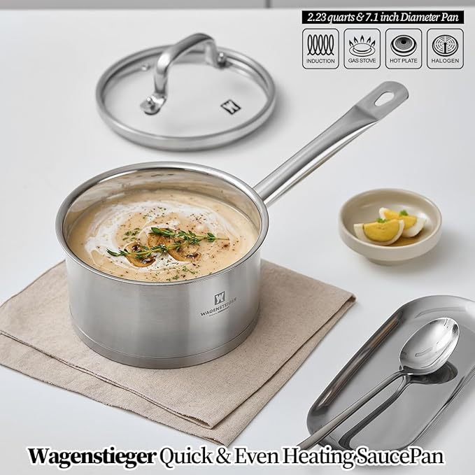 2.23 Quarts 3-Ply Stainless Steel Saucepan with Aluminum Core, Tempered Glass Lid, Compatible with All Cooktops, Quick & Even Heating, Rust & Corrosion Resistant (6.89" Diameter)