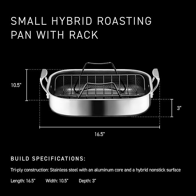 HexClad Hybrid Nonstick Small Roasting Pan with Rack, Dishwasher-Friendly, Oven-Safe Up to 900째F, Compatible with All Cooktops