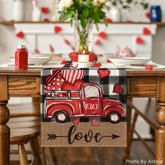 Artoid Mode Watercolor Buffalo Plaid Hearts Truck Love Valentine's Day Table Runner, Seasonal Anniversary Wedding Holiday Kitchen Dining Table Decoration for Indoor Outdoor Home Decor 13 x 48 Inch