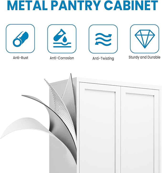 72" H White Steel Pantry Storage Cabinet with 5 Adjustable Shelves, 6-Tier Tall Metal Cabinets for Kitchen, Living Room, Garage, Heavy Duty Freestanding Utility Cabinet, Assembly Require