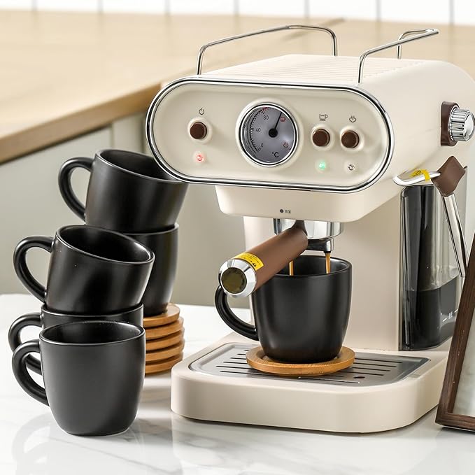 Hasense 8 oz Cappuccino Cups with Saucers set of 6, Porcelain Coffee Mugs Latte Mugs with Handle Perfect for Double Shot, Americano, Milk and Tea, Black