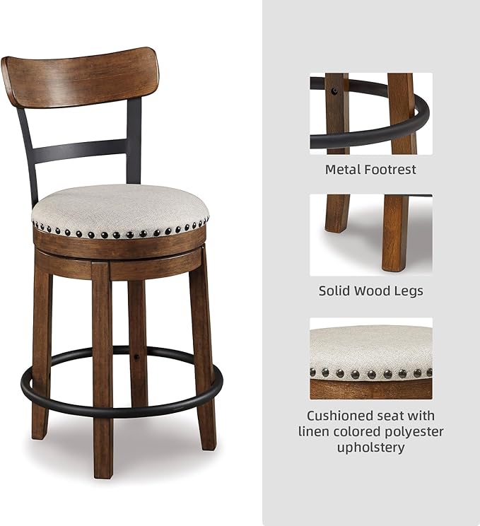 Signature Design by Ashley Valebeck Rustic Farmhouse Swivel Bar Stool ??24.5??Counter Height, 360째 Swivel Metal & Wood Frame, Polyester Upholstery ??Brown