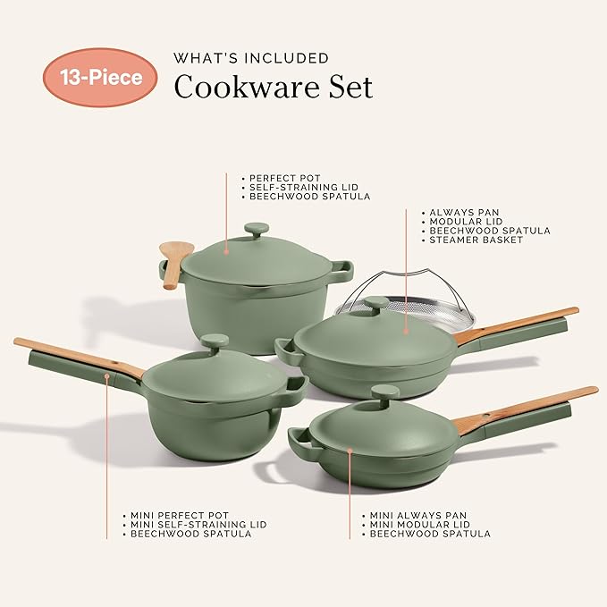 Our Place Cookware Set - 13-Piece Kit Including the Always Pan, Perfect Pot and Spatulas | Multifunctional, Toxin-Free Nonstick | Heat Safe up to 450째F | Oven, Stove, Induction Compatible | Sage