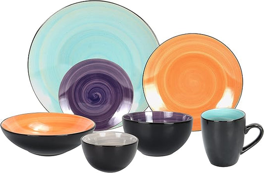 Stoneware Sonoma Dinnerware Set, Black + Speckled Spin Wash (56pc Set, Mix Grey, Orange, Purple, Turquoise)