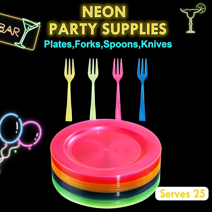 supernal 200pcs Appetizers Plates includ 100pcs Plastic Forks 100pcs Neon Party Plates Colorful Rainbow Disposable Party Plate and Dispsoable Forks Set for Party Catering Birthday New Year