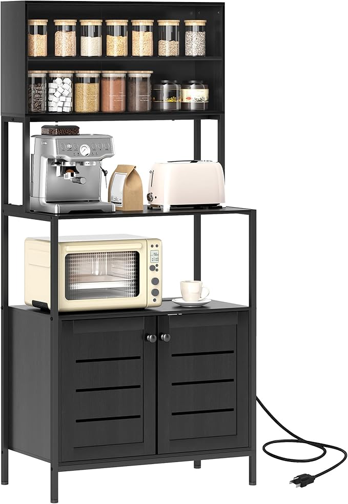 HOMCOM Kitchen Bakers Rack with Power Outlet, Coffee Bar Cabinet with Storage Shelves, Microwave Stand with Louvred Door Cabinets, Black
