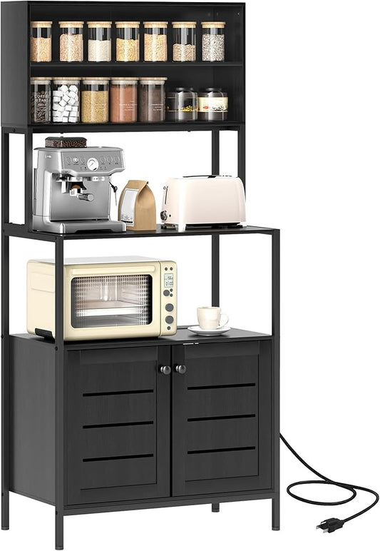 HOMCOM Kitchen Bakers Rack with Power Outlet, Coffee Bar Cabinet with Storage Shelves, Microwave Stand with Louvred Door Cabinets, Black