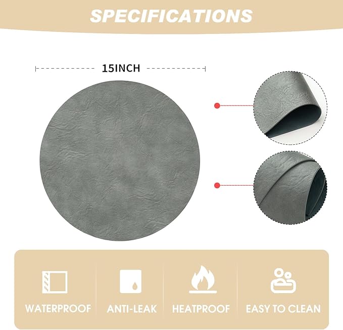 Artoid Mode Grey Faux Leather Placemats Set of 4, 15 Inch Waterproof Wipeable Heat Resistant Place Mats, Reversible Table Mats for Winter Kitchen Dining Decor