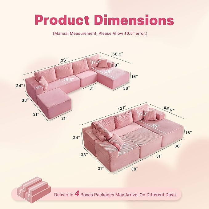 138" Boneless Couch with Deep Seat, Modular Sectional Sofa, Cloud Sectional Couch for Living Room, No Assembly Required, Corduroy, U-Shape 4 Seater Right, Pink