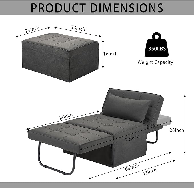 BIGSYY Sofa Bed, 4 in 1 Multi-Function Folding Ottoman Breathable Linen Couch Bed with Adjustable Backrest Modern Convertible Chair for Living Room Apartment Office, Dark Grey