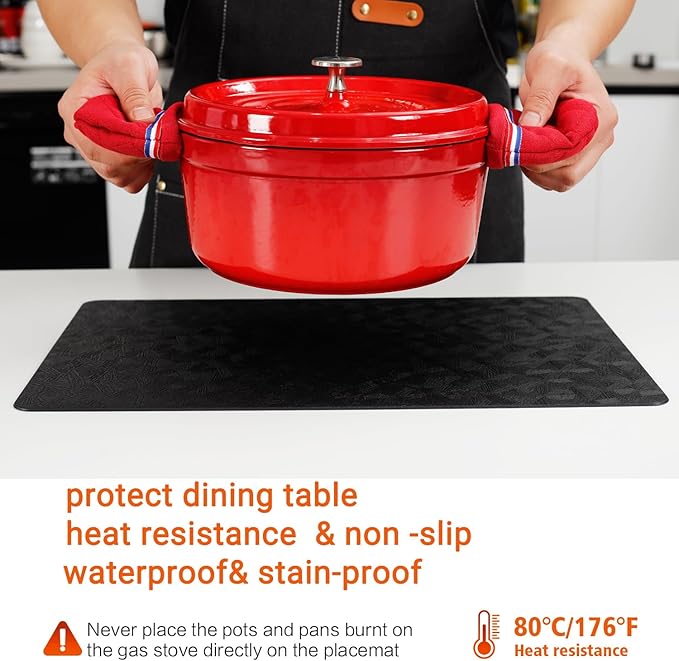 Bxzandya Vinyl Placemats Set of 6 Heat Resistant Easy Clean Non-Slip Place Mats for Dining Table Faux Leather Waterproof Stain Resistant Wipeable Washable PVC Table Mats(6, Black)