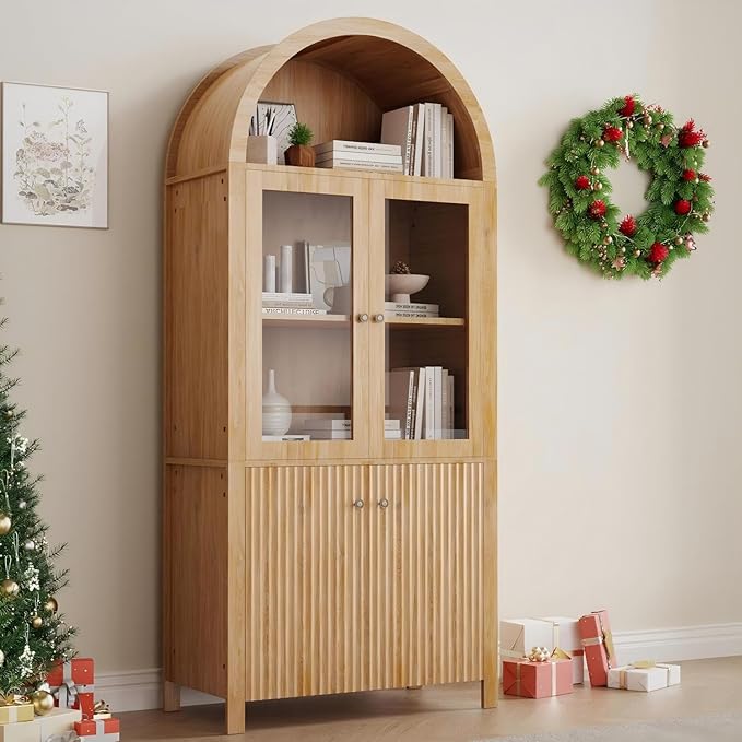 LINLUX Tall Arched Cabinet, 71??Versatile Modern Farmhouse Flute Pantry with 2 Tier Adjustable Shelves for Kitchen, Dining Room, Bathroom Anti-Tipping Device, Natural Wood
