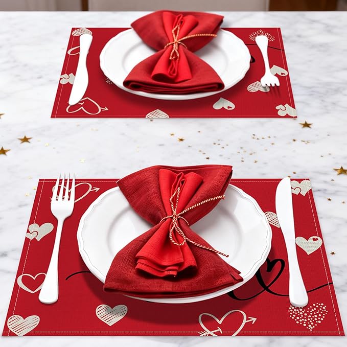Valentine Placemats Set of 4, 12x18 Inch Love Hearts Table Mats, Seasonal Anniversary Holiday Valentines Day Table Decorations for Kitchen Dining Home Party Decor (Red)