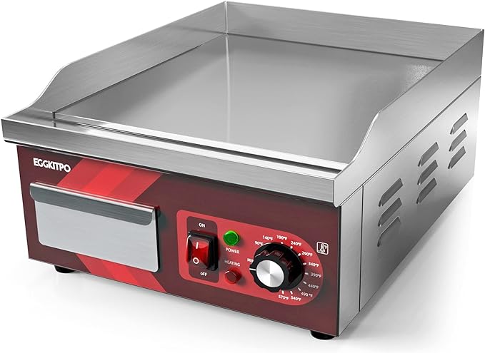 EGGKITPO 14 Inch Electric Griddle, Non-Stick Flat Top Grill Commercial Electric Countertop Griddles Stainless Steel Adjustable Temperature Control 90??575??for Home or Restaurant Use