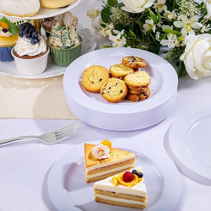 WELLIFE 100 Pieces White Plastic Dessert Plates with 100pcs Silver Disposable Forks, Premium Hard Salad Plate 7.5?? Appetizer Plastic Plates for Wedding, Party