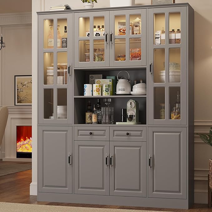 MEISSALIVVE 78.7" Tall Pantry Cabinet with LED Lights, Freestanding Kitchen Pantry with Glass Doors, Large Food Storage Cabinet, Gery (63" W x 15.7" D)