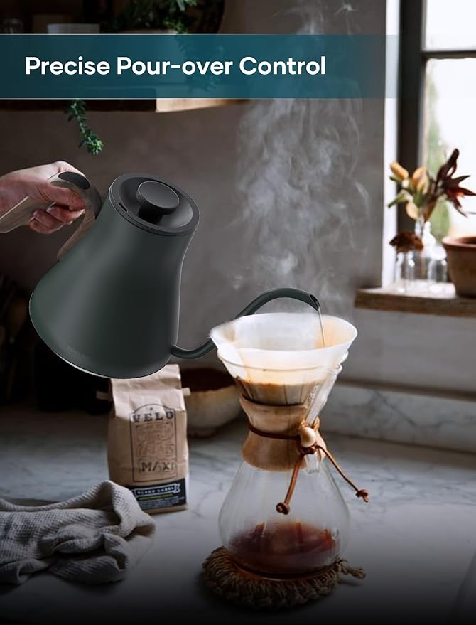 Gooseneck Electric Kettle with 짹1??Temperature Control for Pour Over Coffee & Tea, Quick Heating, BPA-Free Stainless Steel, Built-in Brew Timer, 1500W/0.9L (Forest Green)