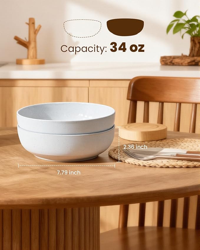 Pasta Bowls Set of 4, 34oz Speckled Ceramic Bowls Set for Serving Salad, Pasta, Soup, Dinner, 8" Wide and Deep Bowls, Dishwasher & Microwave Safe, Matte Terracotta Base (Pure White)