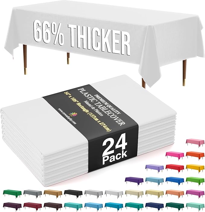 Exquisite 66% Thicker Premium Plastic Table Cloth Rectangle Table Cover 0.5 Mil 24 Pack White Table Cloth 54 Inch x 108 Inch Disposable Tablecloth Won't Tear Easily Like Cheap Thin Brands