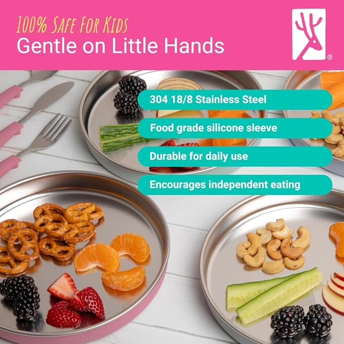 Elk and Friends 7.8??Stainless Steel Non Divided Plates with Silicone Sleeve + Storage Lid | Baby, Toddler, Kids | Dishwasher Safe | Dinner & Snack Plates | 2 Pack