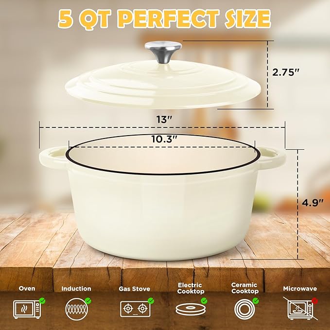 Enameled Cast Iron Dutch Oven Pot with Lid, Incl. Sourdough Bread Baking Supplies Like Banneton Bread Proofing Basket, Starter Jar, Scoring Tool Lame, 5QT Dutch Oven for Bread Baking, Oven Safe up to 500째F