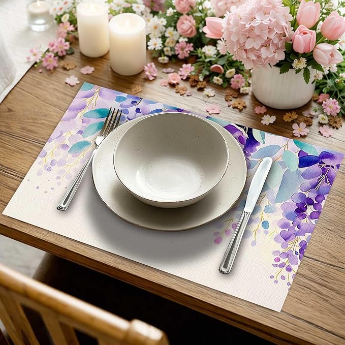 Jauageon Eucalyptus Leaves Placemat Set of 4 Spring Plants Placemats Purple Flowers Table Mats for Indoor Outdoor Home Party Kitchen Dining Decor Farmhouse Burlap Table Mats 12x18 Inch