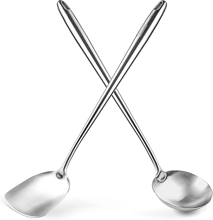 YOSUKATA 17?쇺?Wok Spatula and Ladle - Set of 2 Heat-Resistant Wok Tools - Universal Wok Ladle and Spatula - High-Grade 304 Stainless Steel Cooking Utensils and Wok Accessories - Solid Wok Utensils