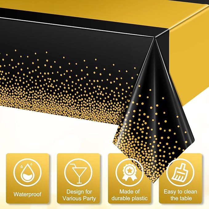 3Pcs Black and Gold Tablecloth Party Decorations,Plastic Black Table Cloth Printed Gold Table Runner Disposable Rectangle Tables Cover for Birthday Retirement Anniversary Graduation Party,54 x108 Inch