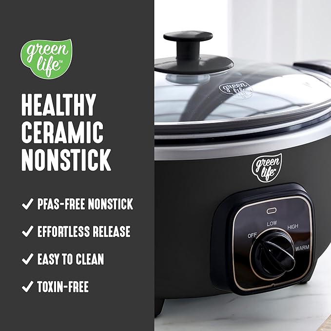 GreenLife 3.5QT Slow Cooker, PFAS-Free Non-Toxic Ceramic Nonstick Removable Interior Bowl, Programmable, Keep Warm, Stovetop & Oven Safe Pot, Dishwasher Safe Crock & Glass Lid, Black