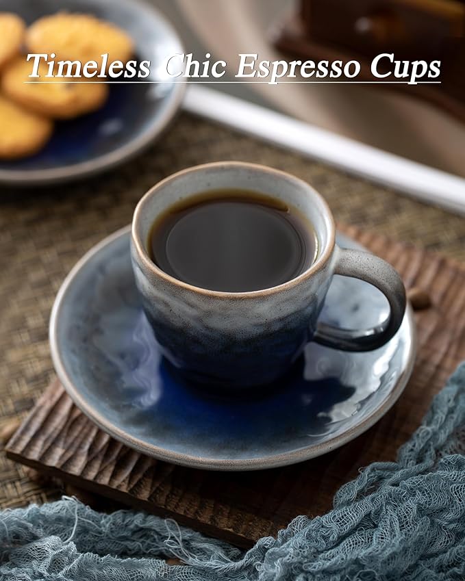 3 oz Espresso Cups Set of 4, Mini Italian Double Espresso Coffee Cup, Vintage Small Ceramic Demitasse Cups with Saucer for Lungo Coffee, Blue
