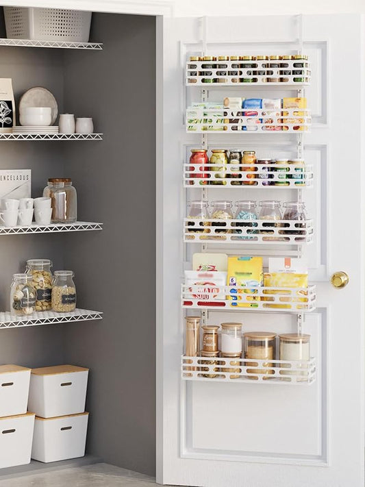 Over the Door Pantry Organizer - 6 Tier Adjustable Pantry Organization and Storage, Hanging Basket Wall Spice Rack Seasoning Shelves, Home & Kitchen Bedroom Bathroom, White