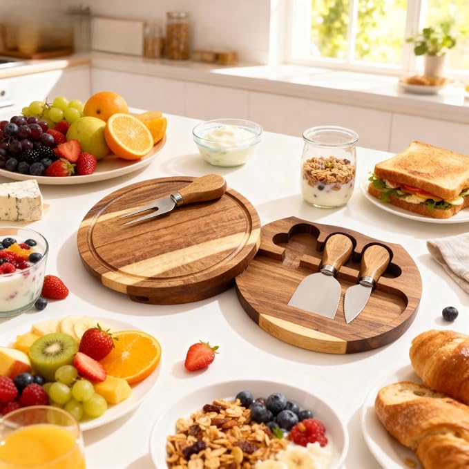 Garvee 3 Pack Mini Charcuterie Boards 7.7" Round Wood Cheese Board Set with Knife & Fork, Thank You Gift Box for Guest Bridal, Baby Shower - Acacia Wood