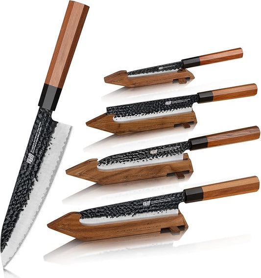 FINDKING Chefs Knives Set and Edge Guards, High Carbon Steel Kitchen Knives, Walnut Knife Holders, for Home Kitchen, Meat, Fruits, Vegetables, Dynasty Series, 8PCS
